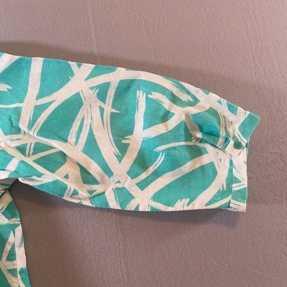 JM Collection Linen Roll-Tab Sleeve Abstract Print Top Plus Size 16W Aqua White - Picture 14 of 15